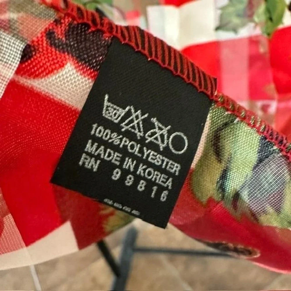 Vintage Christmas Holly Pinecone‎ Red Checkered Sheer Stripe Polyester Scarf